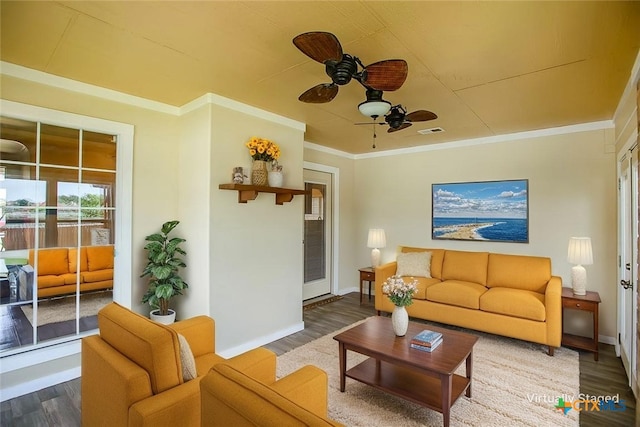 1127 Chaucer Ln, Harker Heights, TX 76548 - living area with ceiling fan, wood finished floors, and crown molding
