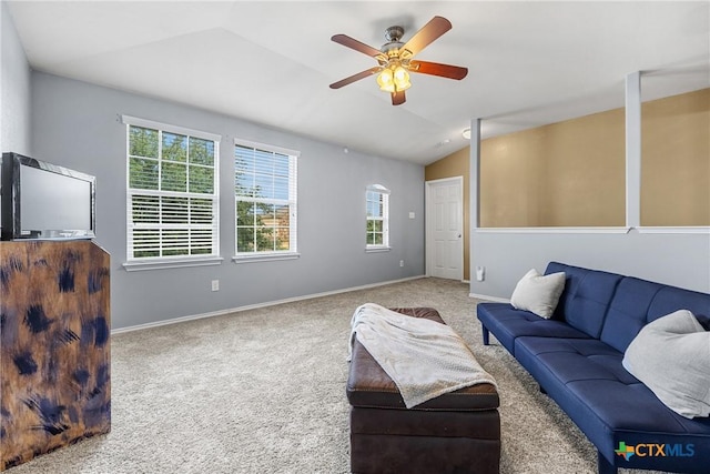1103 Sugar Brook Dr, Temple, TX 76502 - living area featuring healthy amount of natural light, lofted ceiling, ceiling fan, and carpet flooring
