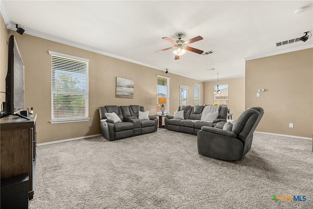1103 Sugar Brook Dr, Temple, TX 76502 - living room with ceiling fan, crown molding, and carpet