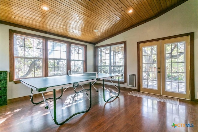 playroom with wood-type flooring, wooden ceiling, french doors, and vaulted ceiling