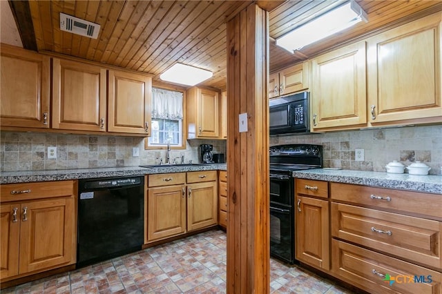 kitchen with tasteful backsplash, wooden ceiling, sink, and black appliances