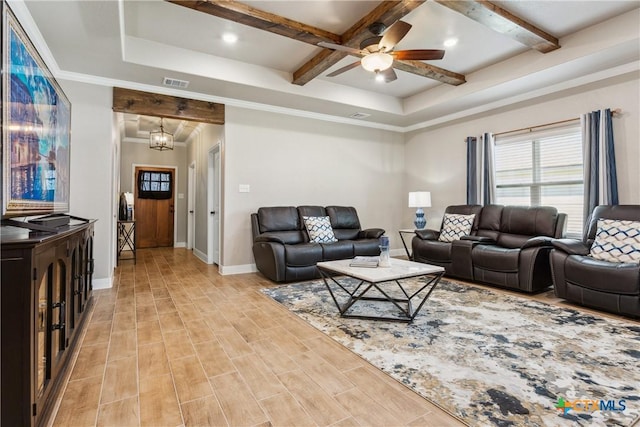 2085 Mercer St, Nolanville, TX 76559 - living room featuring ceiling fan, beam ceiling, baseboards, coffered ceiling, and recessed lighting