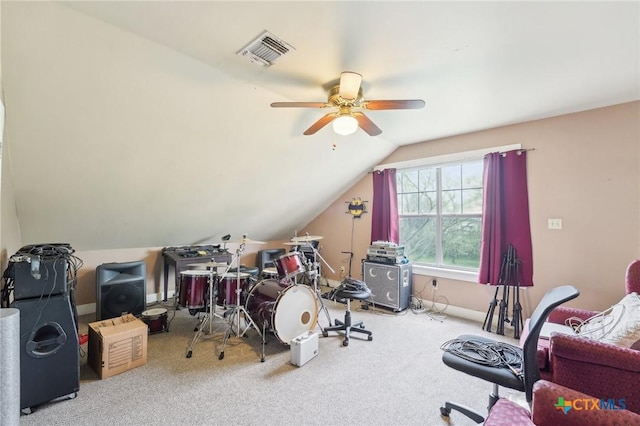 420 Mill Rd, Maxwell, TX 78656 - recreation room with visible vents, ceiling fan, vaulted ceiling, and carpet floors