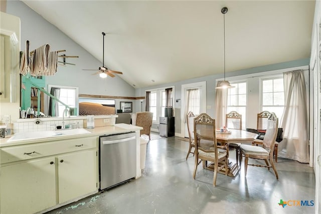 420 Mill Rd, Maxwell, TX 78656 - kitchen with a sink, a ceiling fan, a peninsula, concrete flooring, and stainless steel dishwasher