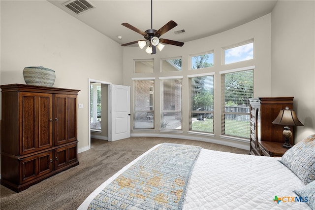 959 Wilderness Trl, New Braunfels, TX 78132 - carpeted bedroom featuring a high ceiling, baseboards, and ceiling fan