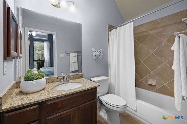 959 Wilderness Trl, New Braunfels, TX 78132 - bathroom featuring toilet, vanity, tile patterned floors, and shower / tub combo