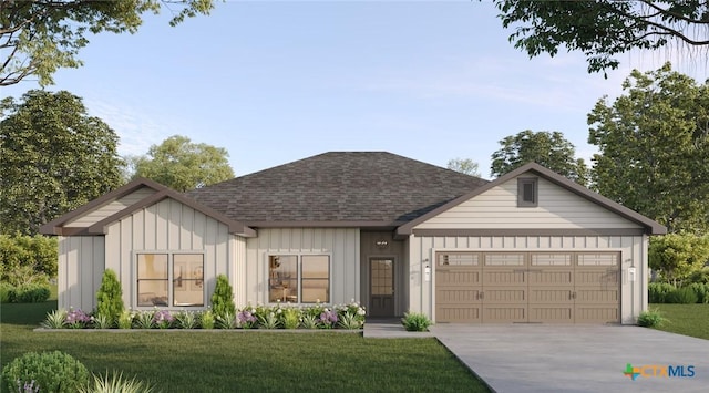 view of front of home featuring a garage, board and batten siding, concrete driveway, and a front yard