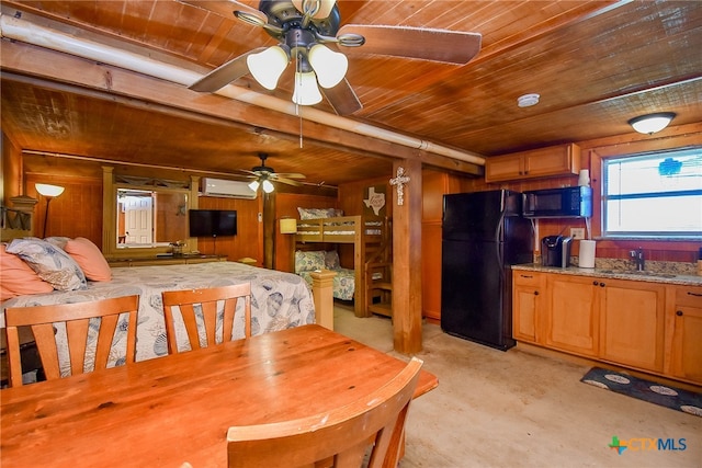 carpeted dining area featuring a wall unit AC, wood walls, sink, and wooden ceiling