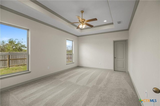 carpeted spare room featuring a raised ceiling, a wealth of natural light, ornamental molding, and ceiling fan