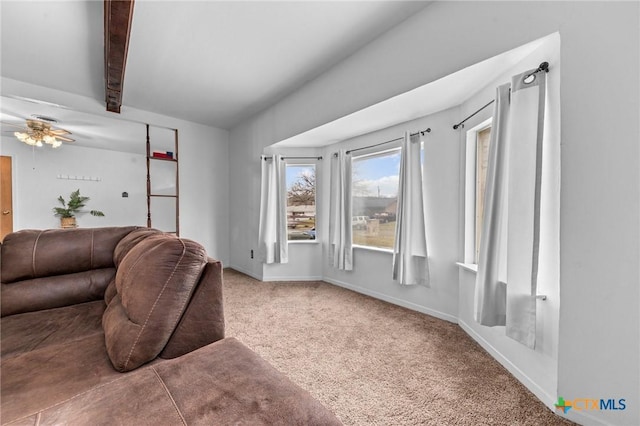 carpeted living room with beam ceiling and ceiling fan