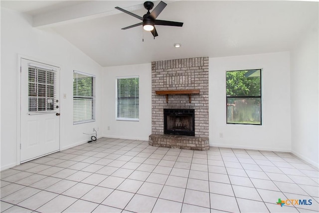 2009 Fleetwood Dr, Killeen, TX 76543 - unfurnished living room with a ceiling fan, a brick fireplace, and light tile patterned floors