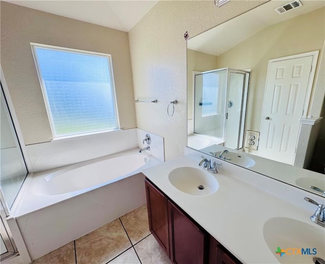 bathroom with vanity, separate shower and tub, and tile patterned flooring