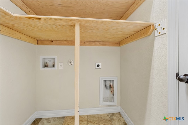 laundry area featuring wooden ceiling, washer hookup, hookup for a gas dryer, and hookup for an electric dryer