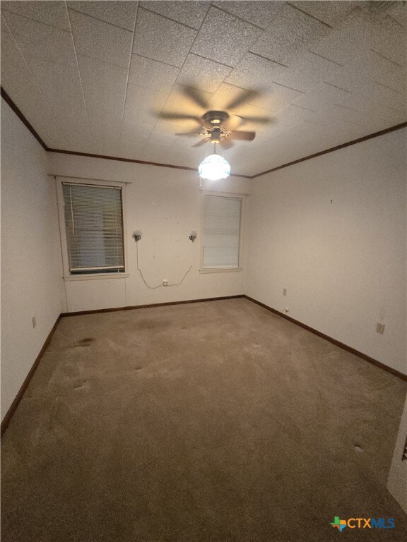 220 Davis Ave, Port Lavaca, TX 77979 - carpeted spare room with baseboards, ceiling fan, and crown molding