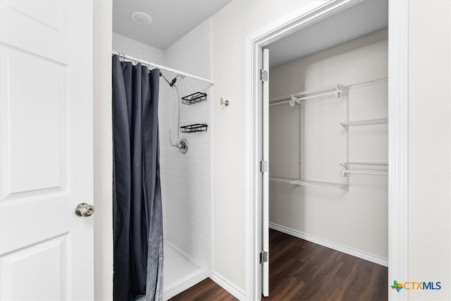 bathroom featuring walk in shower and wood-type flooring