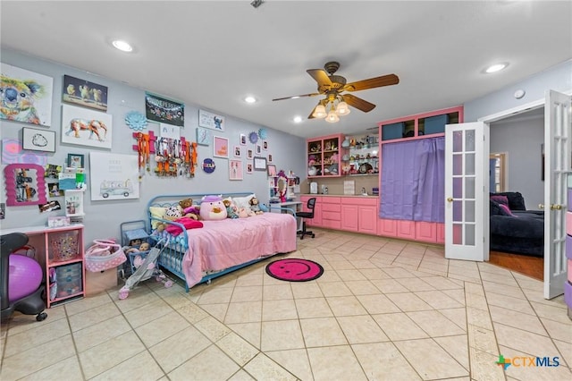 509 Sapphire Blvd, Hewitt, TX 76643 - bedroom with french doors, light tile patterned floors, recessed lighting, and a ceiling fan