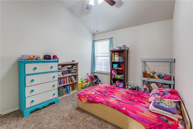 bedroom with vaulted ceiling, carpet floors, and ceiling fan