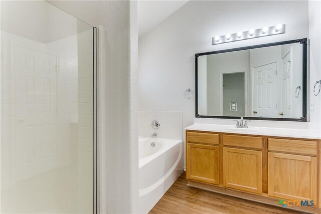 2154 Hidden Mdw, New Braunfels, TX 78130 - bathroom with a shower stall, a bath, wood finished floors, and vanity