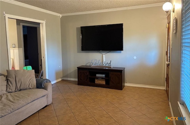 tiled living room with ornamental molding and a textured ceiling