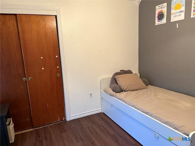 bedroom with dark hardwood / wood-style floors and a closet