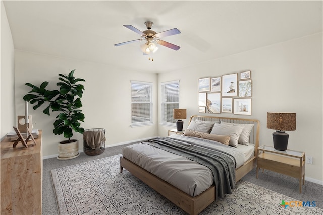 bedroom featuring carpet floors and ceiling fan