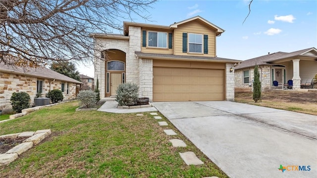 view of front property featuring a garage, central air condition unit, and a front lawn