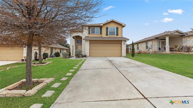 split level home with a garage and a front yard