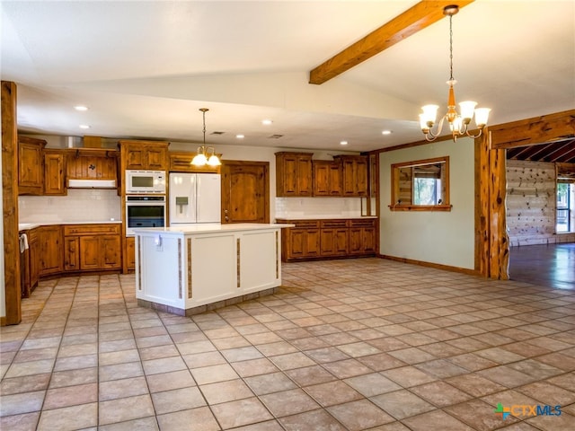 kitchen featuring vaulted ceiling with beams, a kitchen island, decorative light fixtures, an inviting chandelier, and white appliances