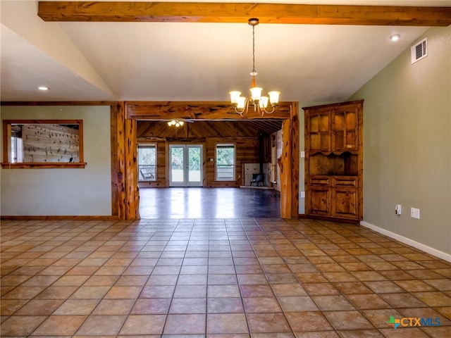 interior space featuring wooden walls, an inviting chandelier, tile patterned floors, and vaulted ceiling with beams