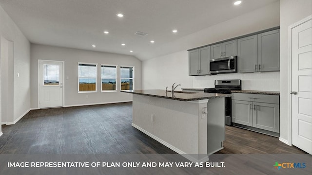 kitchen with gray cabinetry, dark wood-type flooring, an island with sink, and appliances with stainless steel finishes