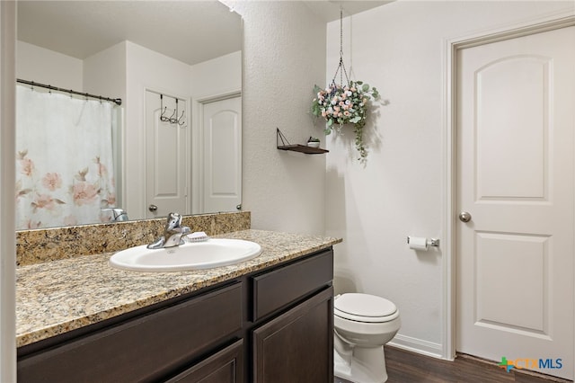 bathroom featuring toilet, vanity, and hardwood / wood-style floors