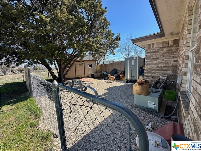 exterior space with a storage shed