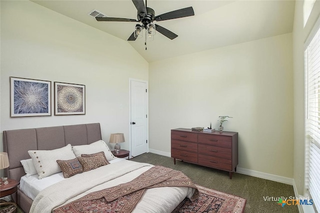 1010 Winchester Dr, Nolanville, TX 76559 - bedroom with carpet flooring, vaulted ceiling, and a ceiling fan