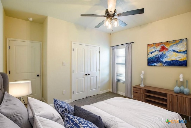 1010 Winchester Dr, Nolanville, TX 76559 - bedroom featuring carpet flooring, a closet, and a ceiling fan