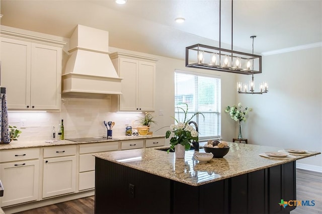 1010 Winchester Dr, Nolanville, TX 76559 - kitchen featuring premium range hood, light stone countertops, black electric stovetop, dark wood-type flooring, and recessed lighting