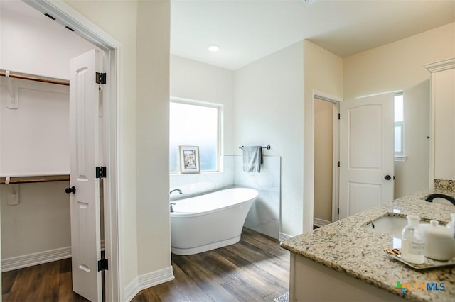 1010 Winchester Dr, Nolanville, TX 76559 - bathroom with vanity, a freestanding bath, a spacious closet, and wood finished floors