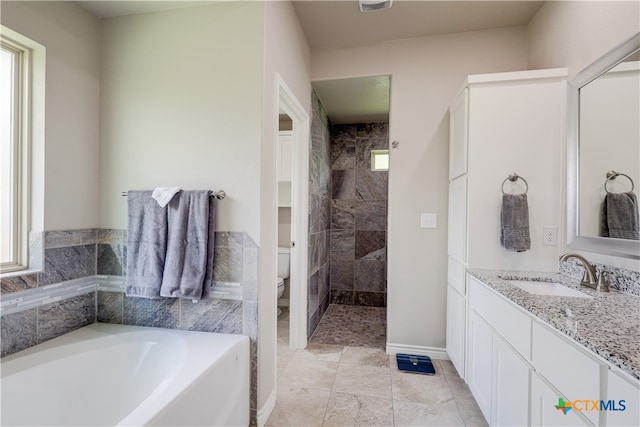 full bathroom featuring vanity, toilet, and independent shower and bath