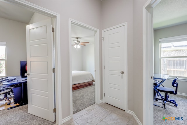 hall featuring a healthy amount of sunlight and light colored carpet