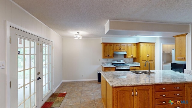 kitchen with stainless steel gas range, light stone countertops, sink, and crown molding