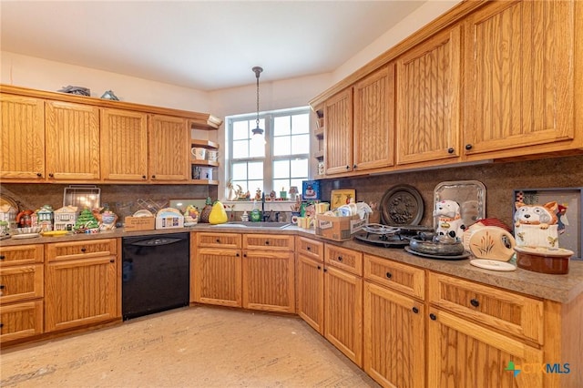 204 Ave F, Shiner, TX 77984 - kitchen featuring a sink, tasteful backsplash, black dishwasher, open shelves, and pendant lighting