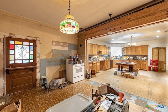 204 Ave F, Shiner, TX 77984 - interior space featuring hanging light fixtures, a kitchen island, white range with gas stovetop, and dishwasher