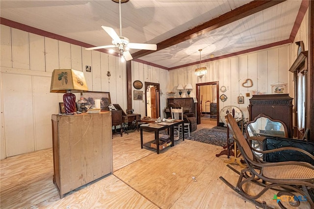 204 Ave F, Shiner, TX 77984 - interior space with a ceiling fan, light wood-style floors, wood walls, and beam ceiling