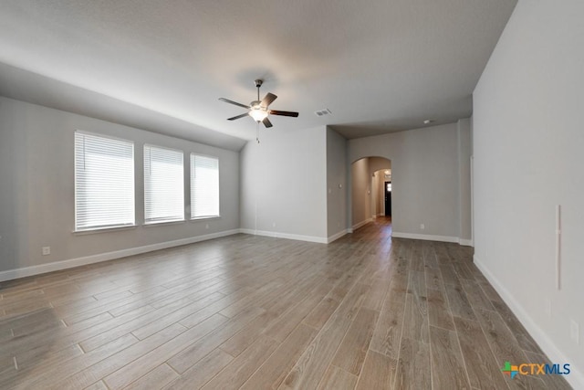 interior space with ceiling fan and light hardwood / wood-style floors