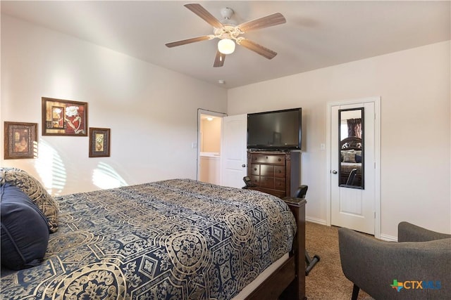 bedroom with ceiling fan and carpet flooring