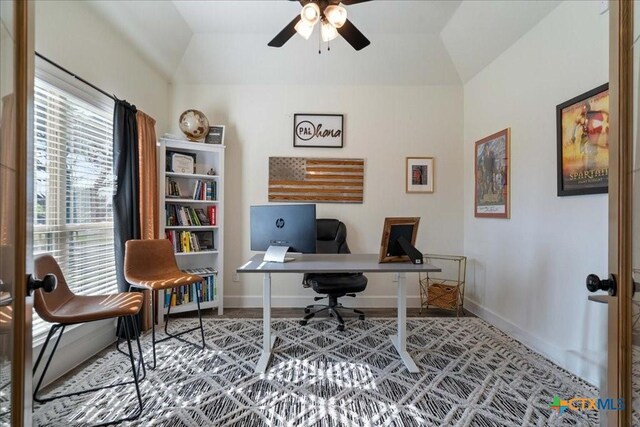 3006 Beulah Blvd, Belton, TX 76513 - office area featuring ceiling fan, vaulted ceiling, and baseboards