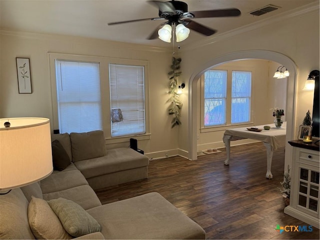 living room with dark hardwood / wood-style flooring, ceiling fan with notable chandelier, and crown molding