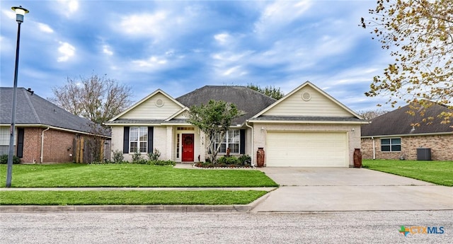 ranch-style home with central AC, a garage, and a front lawn