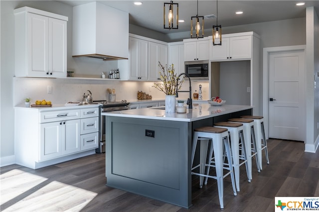 kitchen featuring white cabinets, built in microwave, stainless steel range, and an island with sink