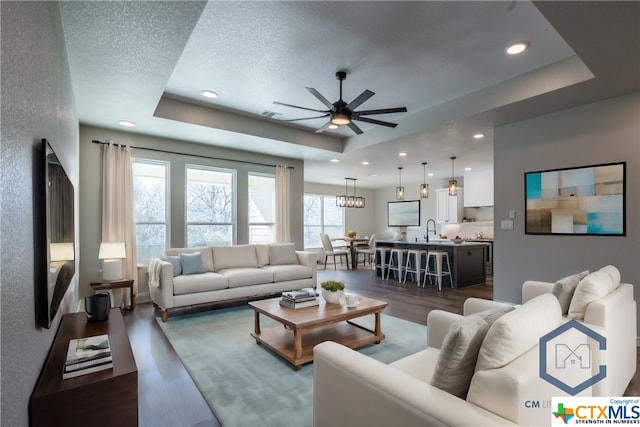 living room featuring a textured ceiling, a raised ceiling, dark wood-type flooring, and sink