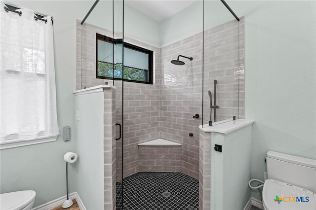 bathroom with a tile shower and toilet